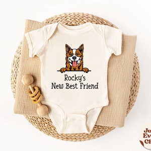 Personalized New Best Friend Baby Bodysuit,  Dog Name Bodysuit, Dog-Themed Baby Shower Gift,  Newborn Baby Gift, Natural Kids shirt