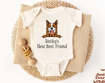 Personalized New Best Friend Baby Bodysuit,  Dog Name Bodysuit, Dog-Themed Baby Shower Gift,  Newborn Baby Gift, Natural Kids shirt