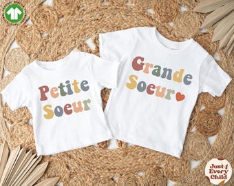 Grande Soeur camisa para niños pequeños, camisa de revelación de embarazo, linda camisa retro para niños, camisa de bebé natural Petite Soeur, camiseta francesa para niños Grande Soeur