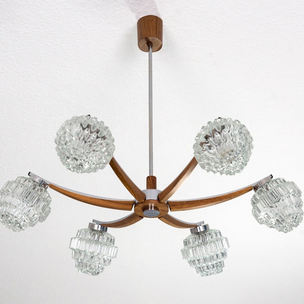 Beautiful original mid century chandelier vintage lamp from the 60s, 6-bulb hanging lamp crystal glass chrome wood