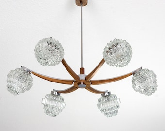 Beautiful original mid century chandelier vintage lamp from the 60s, 6-bulb hanging lamp crystal glass chrome wood