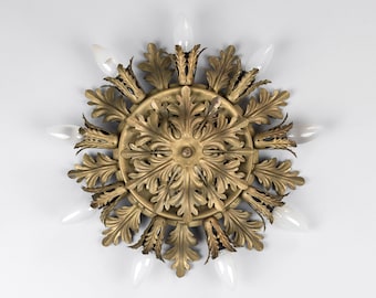 1 of 2 Florentine chandelier ceiling lamp restored by Banci Firenze Italy Regency Hollywood style 1970s