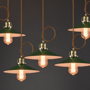 Vintage enamel hanging lamp 1 of 5 classic mid century factory lamp industrial green 50s