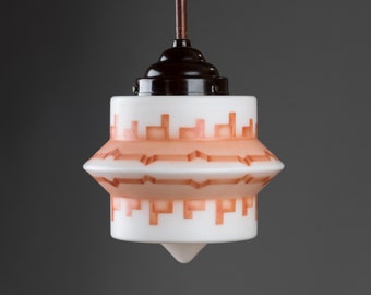 Art Deco rod pendant lamp with sprayed decoration made of glass and bakelite, white antique restored in 1930