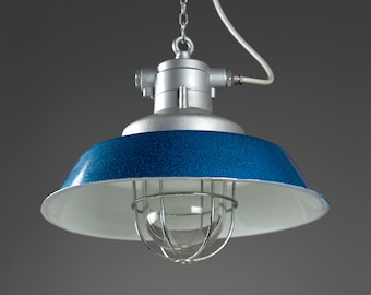 Large vintage factory lamp industrial lamp Mid Century Loft blue with steel grid ex industrial lamp 40 cm