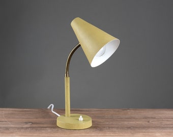 Small mid century bedside lamp vintage table lamp with brass gooseneck ocher mustard yellow original 1950s 60s design restored