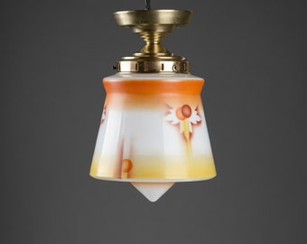 Kleine Art Déco Deckenleuchte Lampe Spritzdekor weiß orange antik 1930 restauriert