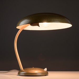 May include: A green metal desk lamp with a curved wooden arm and a white shade. The lamp is turned on and the light is shining.