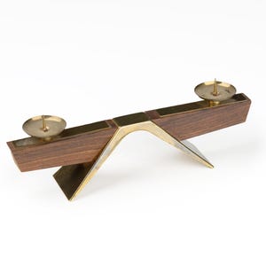Mid-Century Brass & Teak Candlestick – 50s/60s Vintage Design