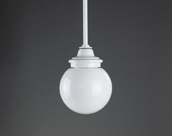 Vintage ball lamp opal glass and white ceramic Art Deco Bauhaus rod pendant lamp