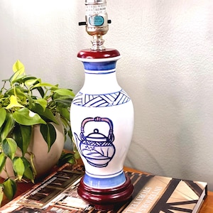 Vintage Blue White Porcelain Lamp, Chinoiserie Tea Pot Design, Small Table Lamp, Classic Decor