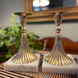 Vintage Italian Brass Candlesticks with Marble Base: Mid Century Modern Decor