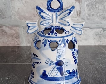 Blue and White Ceramic Bell Tealight Holder Holland Deco Delft Style