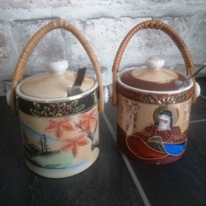 2 Vintage Oriental Style Condiment Pots Preserve Pots Wicker handle