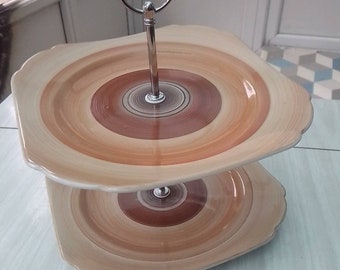 Vintage Shelley Ceramic Shades of Brown Harmony Pattern 2 tier Cake Stand 1930s