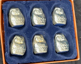 Vintage Set 6 Silver Plated Chrome Unusual Owl Place Name Card Menu Holders Boxed