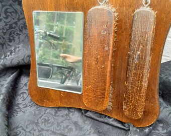 Vintage 1930s Wall Mirror And Clothes Hat Brush Set Oak Frame Original Brushes