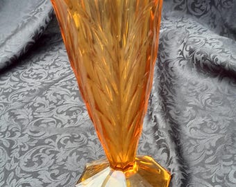 Vintage Art Deco Czech German Amber Glass Trumpet Vase Floral Chevron Pattern
