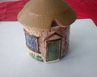 Vintage Sylvac Covered Jam Pot Cottage design 4812 Matt Glaze Thatch Roof 1950s