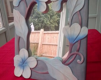 Vintage Hand Carved Mirror Frame With Floral Bas-Relief In Blue And Lilac.