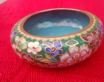 Vintage Chinese Cloisonne Calligraphy Brush Washer Bowl With Floral Decoration