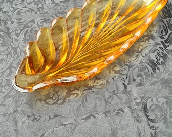 Vintage Large Sowerby Bagley Amber Glass Leaf Shape Cucumber Bread Nibbles Dish