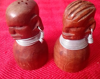 Vintage African Tribal Solid Teak Wood Cruet Salt And Pepper.