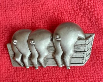 Vintage 1980s Pewter JJ Jonette Cute 3 Pigs Butts In A Trough