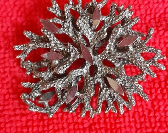 Vintage 70s Brutalist Stylised Tree Of Life Brooch Pewter With Polished Accents