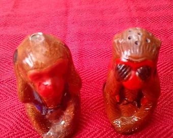 Vintage Ceramic Hear No Evil See No Evil Monkey Cruet Salt And Pepper Shakers