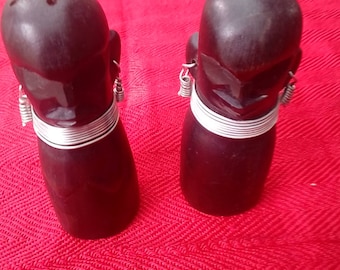Vintage African Tribal Warrior Solid Ebony Wood Cruet Salt And Pepper Shakers