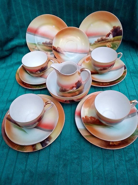 Vintage Noritake Japan Tea Set Sunset Over Lake With Cottage and