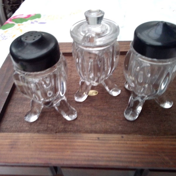 Vintage Art Deco Chippendale Heavy Glass Rocket Shape Cruet Set All 3 Pieces Salt Pepper and Mustard