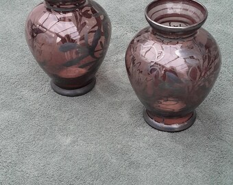 Vintage Pair Of Venetian Amethyst Purple Posy Vases With Floral Silver Overlay
