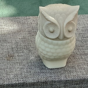 May include: A white ceramic owl figurine with detailed eyes and feathers. The owl is sitting on a grey textured surface.