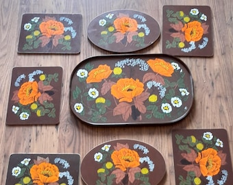 Vintage M&S St Michael 1970s Set 5 Place Mats Tray 2 Trivets Orange Poppy On Brown