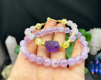 Amethyst & Fluorite Beaded Bracelet with Carved Pixiu, Good Luck Jewelry