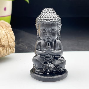 May include: A small black Buddha statue sitting in a meditative pose with hands clasped in prayer. The statue is made of a smooth, polished material and has a serene expression.