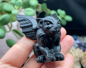 Natural Obsidian Crystal Gargoyle, Hand Carved, Housewarming Gift, Home Decor,Reiki Healing D110351