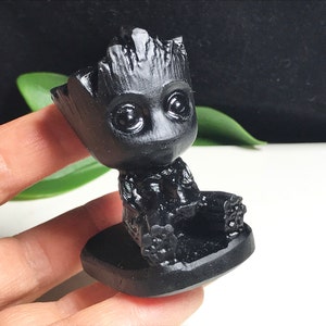 Natural Obsidian Crystal Groot, Hand Carved, Cartoon character,Reiki Healing L121123
