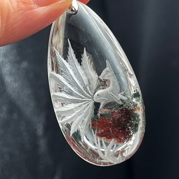 Nine Tail Fox Phantom Crystal Pendant, Inner Scene Carving, Handmade Jewelry, Healing crystal and stone E085561