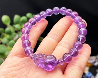 Bracelet en perles de cristal d'améthyste, Pixiu sculpté, bijoux faits main