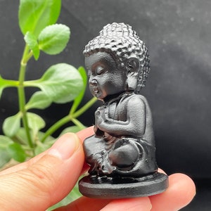 May include: A small black figurine of a meditating Buddha. The Buddha is sitting in a lotus position with hands clasped in front of the chest. The figurine is on a black base.