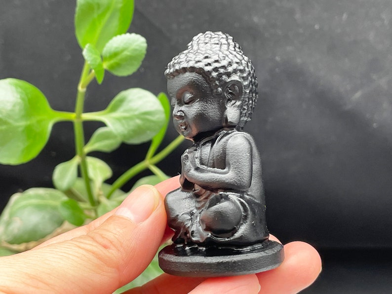 May include: A small black figurine of a meditating Buddha. The Buddha is sitting in a lotus position with hands clasped in front of the chest. The figurine is on a black base.