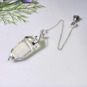 24 sided Vogel Quartz Clear Crystal Pendulum ,Divination Tool 990 Silver for Reiki Healing