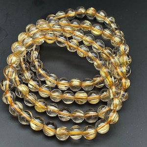 Gold Rutilated Crystal Bracelet, Round Beads, Beaded Bracelet, Handmade Jewelry, Healing Crystals and Stones E086613