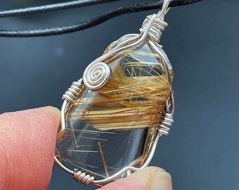 Silver Wire Wrapped Rutilated Quartz Crystal Pendant Necklace, Handmade Jewelry