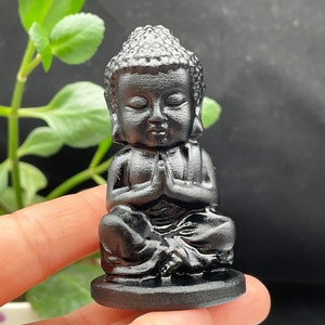 May include: A black, meditating Buddha statue in a seated position with hands clasped in prayer. The statue is on a black base.
