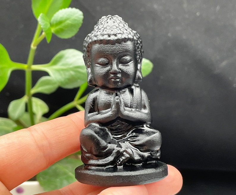 May include: A black, meditating Buddha statue in a seated position with hands clasped in prayer. The statue is on a black base.