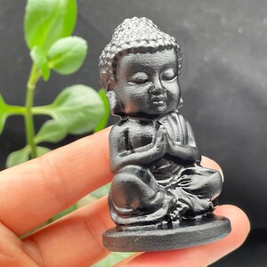 May include: A small black figurine of a meditating Buddha. The Buddha is sitting with hands clasped in prayer and eyes closed.
